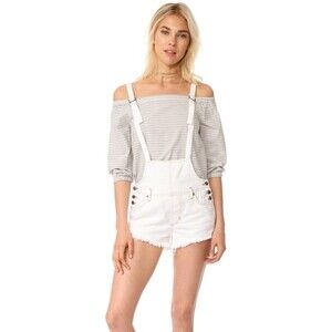 Free People Strappy White Distressed Denim Shortalls Overalls Boho Western 25